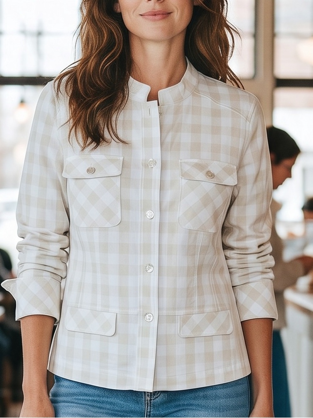 Christopher & Banks Cream Check Plaid Button Jacket Blazer Size Medium
